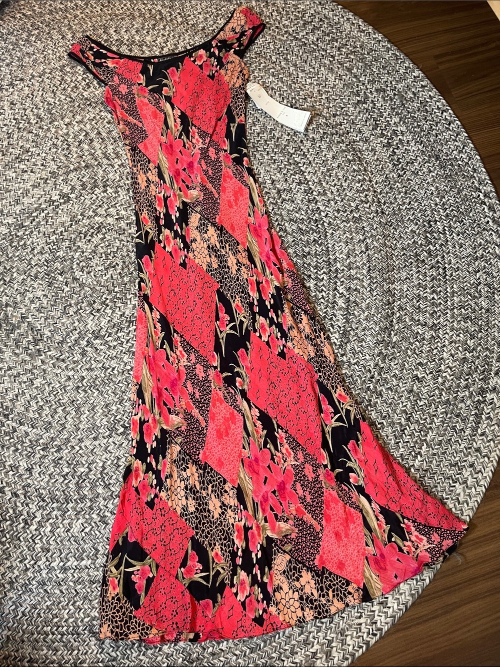 Nostalgia Black Maxi Dress with Red and Peach Floral Design